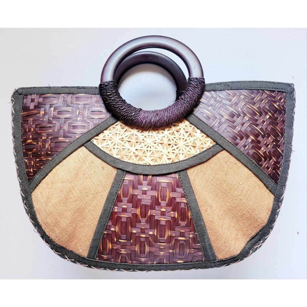 Vintage Wood Woven Boho Top Handle Bag Tribal Resort Purse